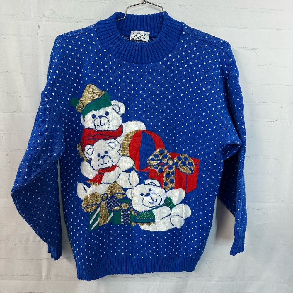 Vintage 1980's Sweater "UGLY" Christmas Sweater Blue With Bears Pullover